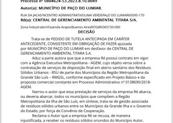 Justiça estimula multa diária de 100 mil reais e determina que empresa Titara retome, imediatamente, coleta de resíduos sólidos em Paço do Lumiar