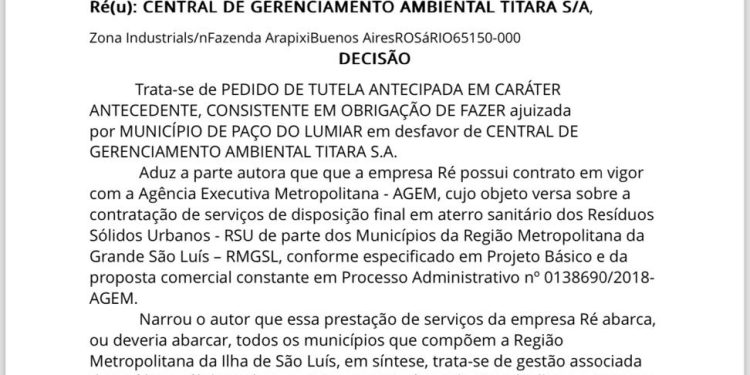 Justiça estimula multa diária de 100 mil reais e determina que empresa Titara retome, imediatamente, coleta de resíduos sólidos em Paço do Lumiar