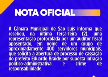Câmara Municipal de São Luís informa que servidores da Prefeitura protocolaram pedido de cassação de Eduardo Braide