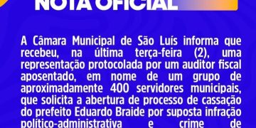 Câmara Municipal de São Luís informa que servidores da Prefeitura protocolaram pedido de cassação de Eduardo Braide