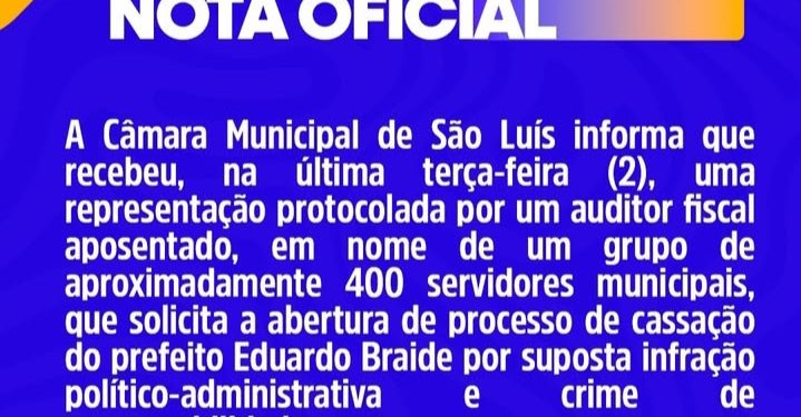 Câmara Municipal de São Luís informa que servidores da Prefeitura protocolaram pedido de cassação de Eduardo Braide